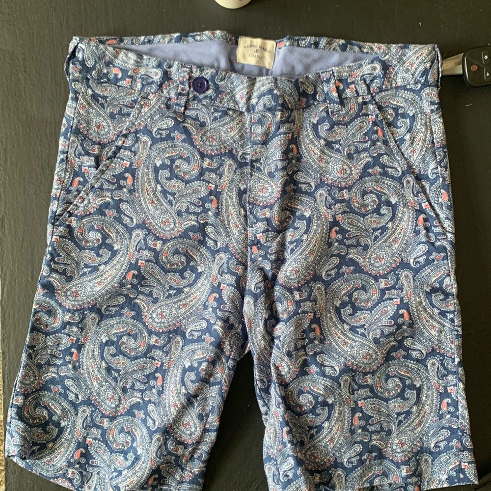 Men’s Blue Paisley with peach / pink‎ accent, flat front shorts size 34